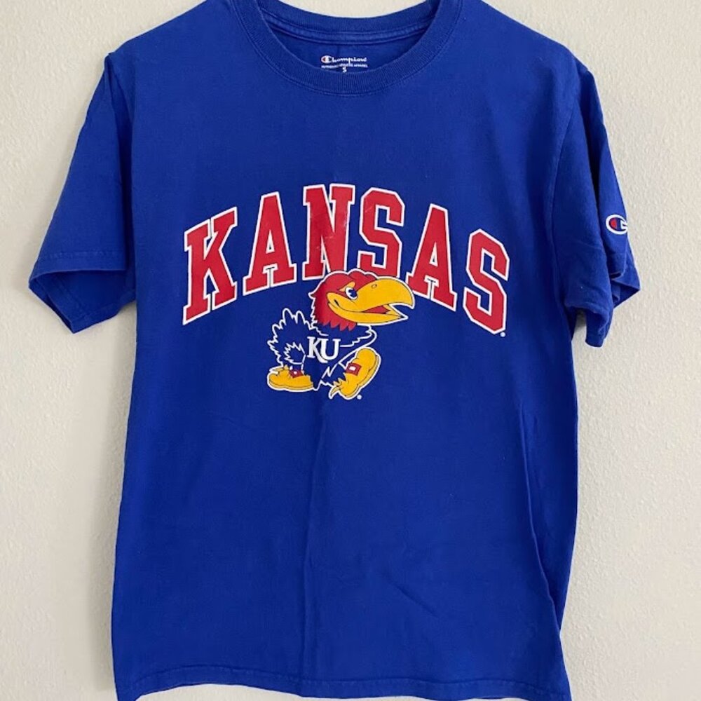 Kansas University blue j hawk tee shirt, good condition